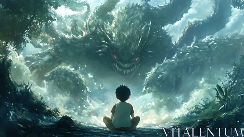 Boy confronts colossal forest spirit amid swirling mist
