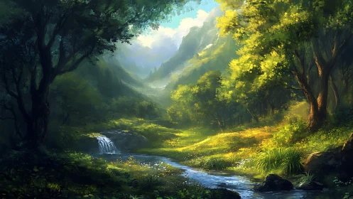 Enchanted Valley Stream Through Ancient Forest Landscape
