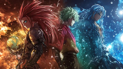 Elemental anime trio contrasted by fire, earth, and water.