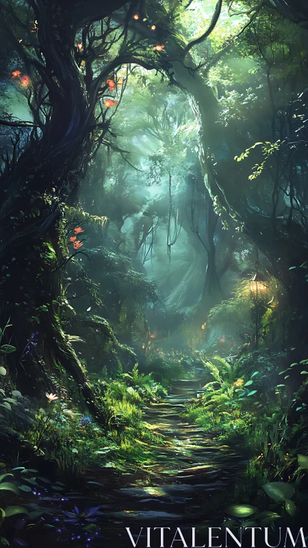Enchanted Forest Path Through Luminous Canopy.