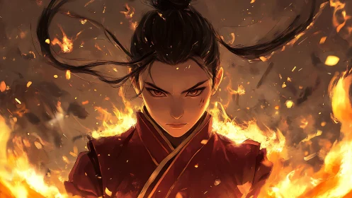 Fiery warrior emerges through blazing inferno