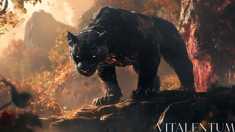 Black Panther Prowling Through Molten Mountain Cavern.