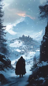 Solitary cloaked warrior approaching fortified winter citadel