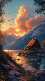 Sunlit mountain cove cradle with ember-bright evening clouds.