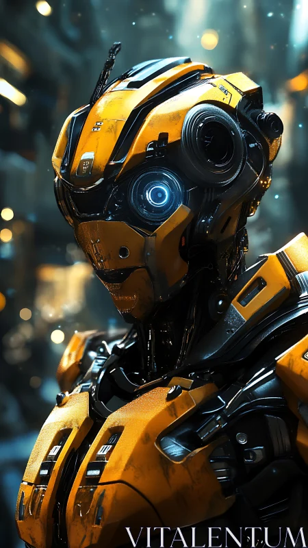 Radiant yellow combat android amid neon industrial haze.