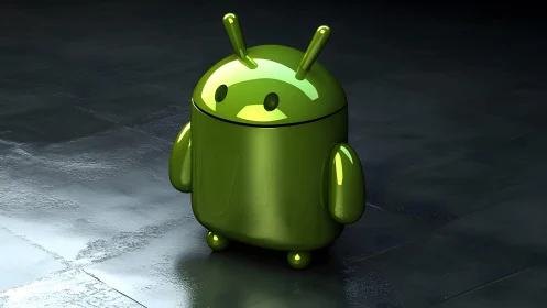 Shiny Green Android Robot Mascot in 3D Digital Art Style.