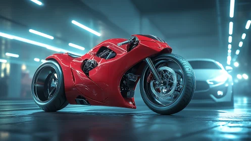 Parametric red superbike prototype in neon tunnel environment.