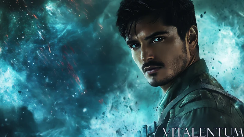 Galactic soldier scans stormlit nebula battlefield. Period.