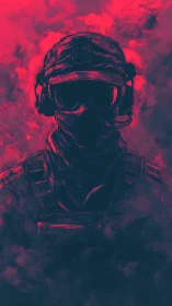 Digital painting of tactical soldier in neon chiaroscuro profile.