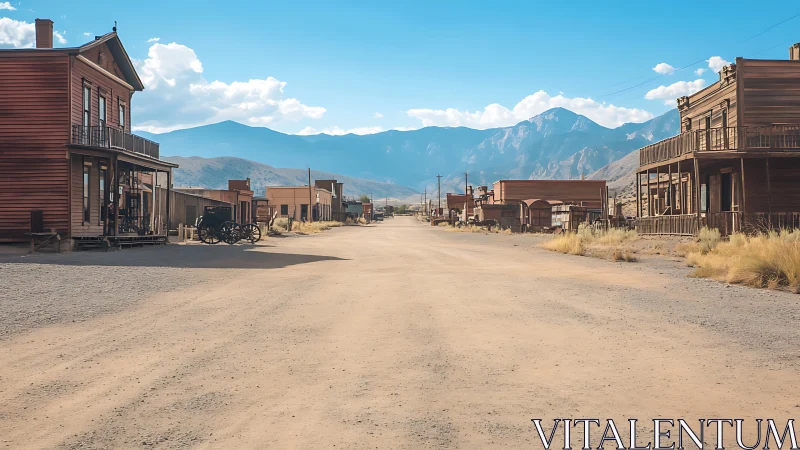Dusty frontier main street dozes beneath pale blue peaks