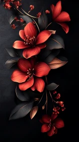 Red Flowers and Dark Leaves in Digital 3D Composition