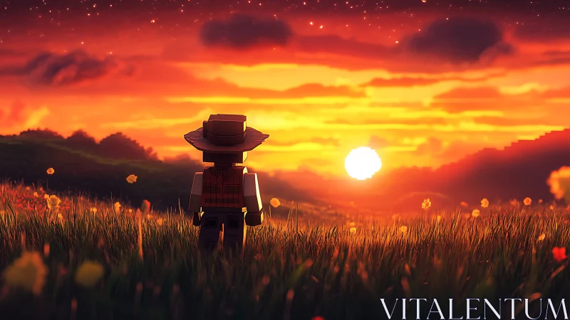 Lego cowboy figure stands in tall grass facing vivid sunset