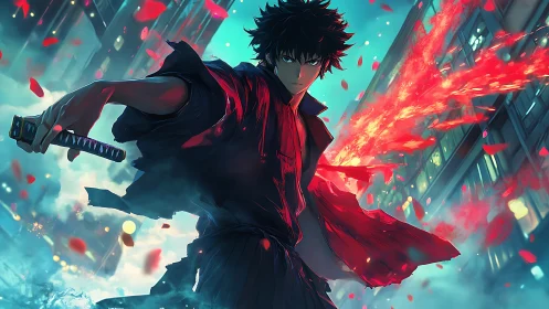 Urban katana warrior with crimson energy trails.