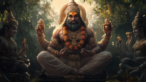 Digital painting of meditative deity triad in forest shrine composition.