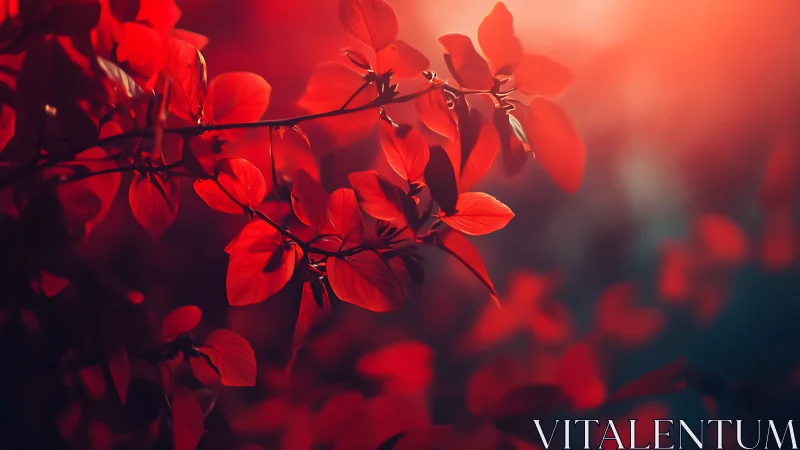 Red leaves in soft glowing light with blurred background.