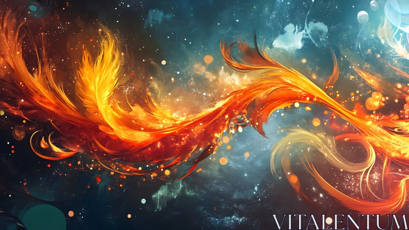 Fiery phoenix wings swirl through a dreamlike cosmic sky