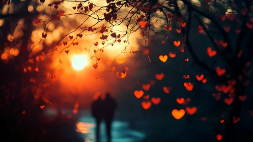 Romantic Sunset with Floating Hearts and Silhouette