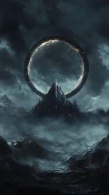 Mysterious dark mountain crowned by a glowing celestial ring.