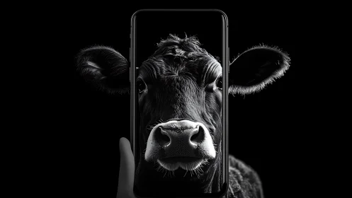Curious cow gazes through a sleek smartphone window