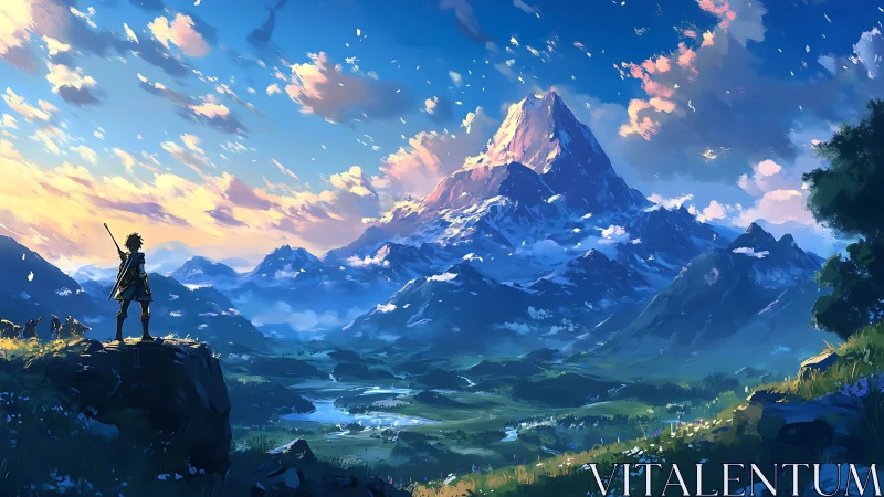 Lone wanderer greeting a sunrise-drenched fantasy peak.