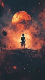 Backlit warrior silhouette framed by eruptive cosmic fire sphere