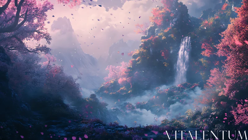 Fantasy mountain valley with waterfall and pink foliage scene.