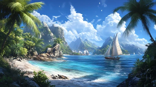 Tropical Fjord Sailboat Paradise with Turquoise Waters