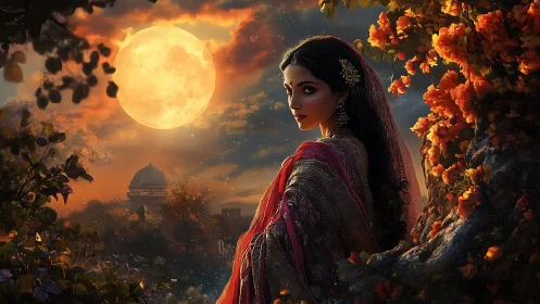 Moonlit sari enchantress beneath a blazing harvest sky.