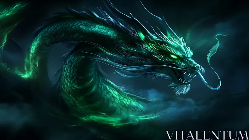 Emerald storm dragon coiled in spectral celestial mist.