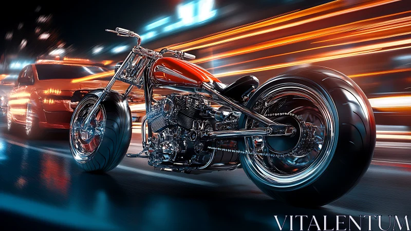 Chromed performance chopper in neon-accelerated urban transit.