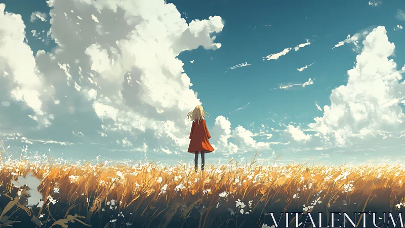 Figure observes expansive clouded sky over illuminated field