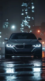 BMW sedan cuts through neon city rain with sharp LED glare.