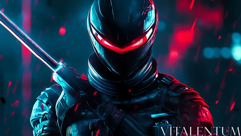 Neon visor ronin poised in rain-slashed cyber alleyways.