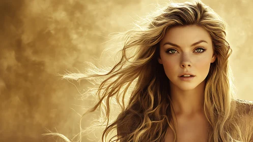 Golden hour portrait with windblown blonde hair glow.