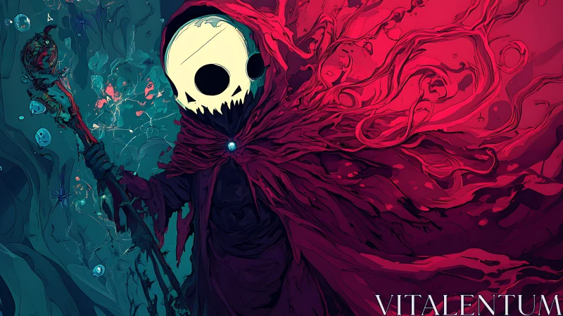 Hooded skeletal mage holds staff amid swirling red cloak