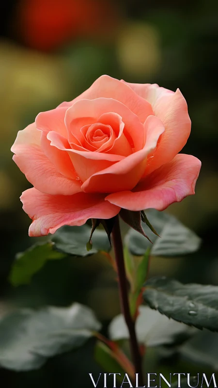 Soft coral rose blossom in sharp garden close-up.