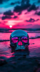 Chrome skull reflects neon sunset over electric shoreline.