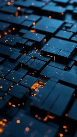 3D modular data grid with luminous cyber circuits glow.