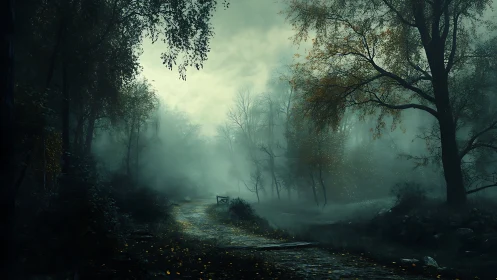 Misty woodland path at dawn with atmospheric depth and hush.