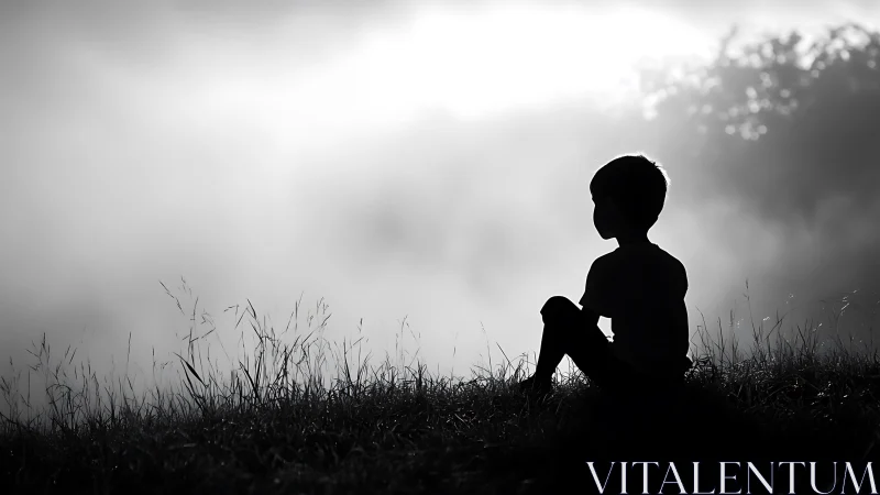 Monochrome child silhouette on misty hillside at sunrise