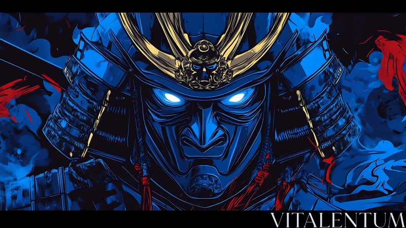Cyber samurai helmet glows with intense blue spectral power.