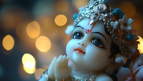 Divine baby Krishna idol glows softly amid golden bokeh lights