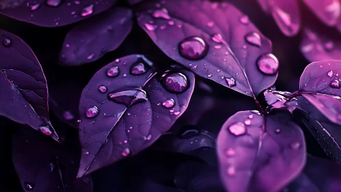 Macro study of violet foliage with raindrops in bokeh light