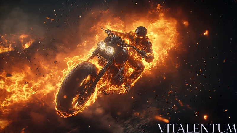 Fearless fiery rider racing through a blazing night storm.