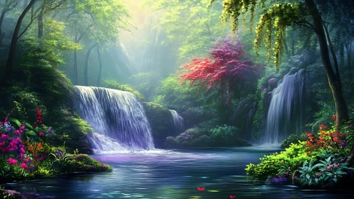 Waterfalls flow through dense forest with bright foliage