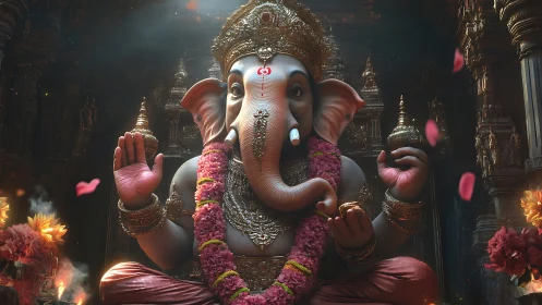 Photorealistic Ganesha idol in ornate temple sanctuary lighting.