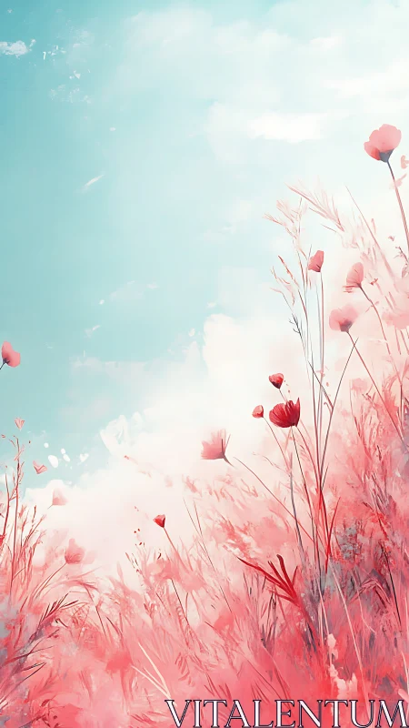 Pink floral field composition against turquoise sky gradient.