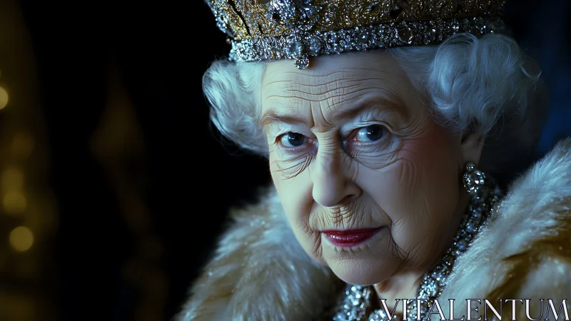 Regal elderly woman in jeweled crown gazes with quiet authority