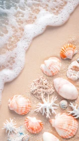 Seashells and coral on pastel sand beside gentle surf.