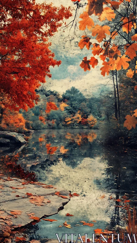 Autumn trees surround reflective river with fallen leaves